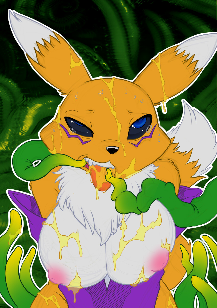 breasts canine clothing cum cum_in_mouth cum_inside digimon drooling edit eye_roll female fucked_silly fur gloves kandlin mammal mind_break nectar nipples open_mouth plant renamon saliva sweat tears tentacles tongue tongue_out