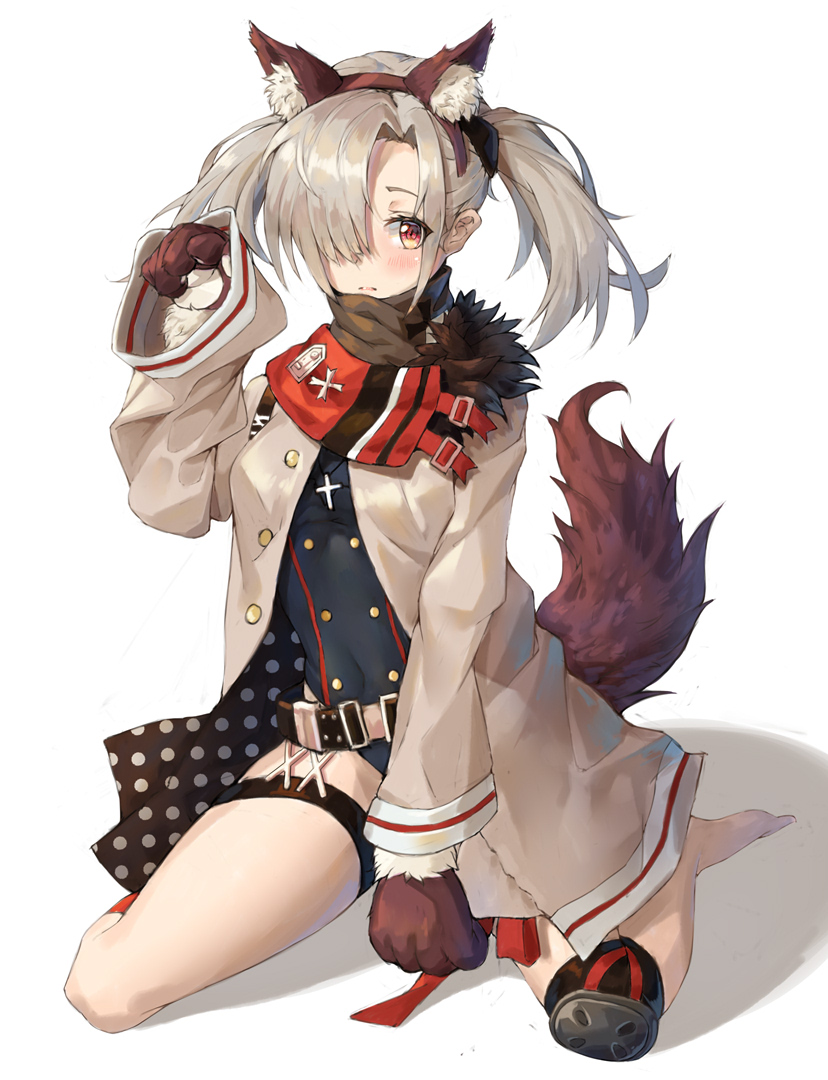 animal_ears bangs belt blush breasts coat commentary_request cross fake_animal_ears fake_tail fox_ears fox_tail girls_frontline grey_hair hair_ornament hair_over_one_eye hk21 hk21_(girls_frontline) jewelry kneeling long_hair long_sleeves looking_at_viewer medium_breasts open_clothes paws red_eyes scarf simple_background solo tail thigh_strap twintails xi_zhujia_de_rbq