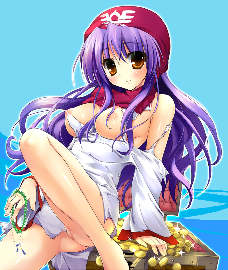 arm_support bankoku_ayuya barefoot breasts dragon_quest dragon_quest_ii gold hood jewelry large_breasts long_hair nipples no_panties princess_of_moonbrook purple_hair smile solo torn_clothes treasure_chest