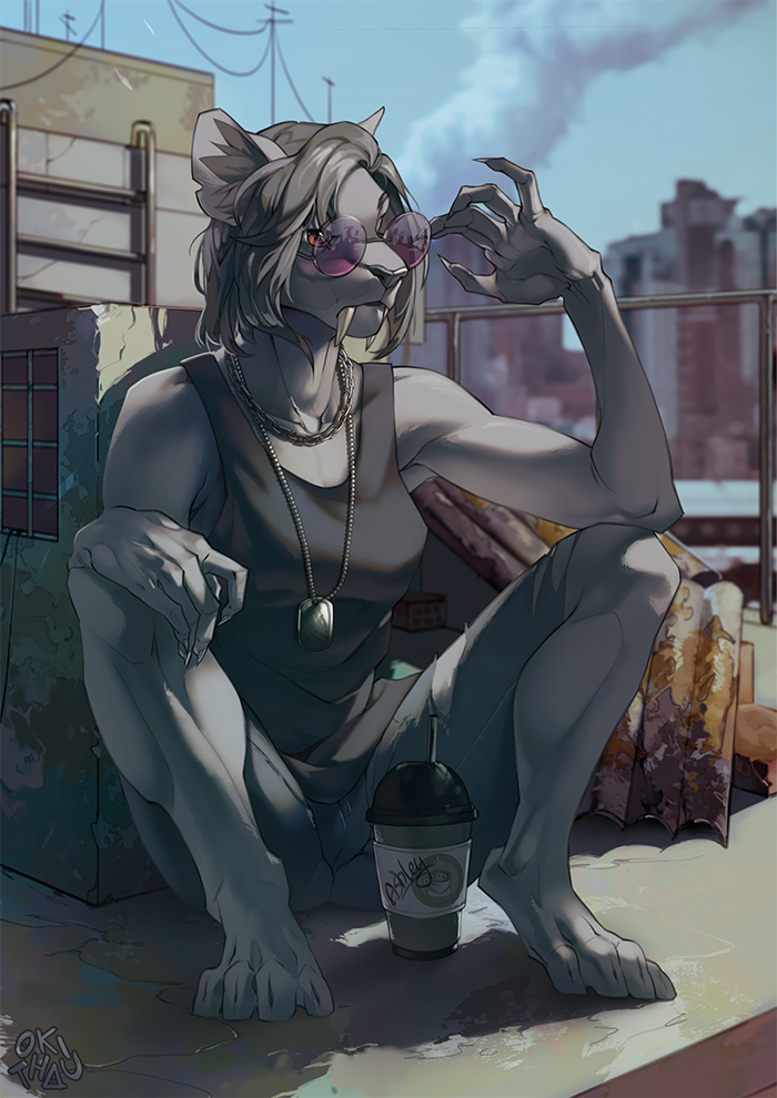 2018 anthro barefoot black_nose breasts clothed clothing day detailed_background digital_media_(artwork) eyewear feline female glasses mammal okithau outside saber-toothed_cat sky solo