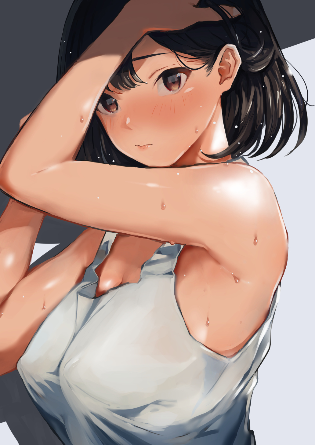 3: arm_up black_hair blush breasts brown_eyes closed_mouth commentary_request covered_nipples doushimasho from_side hand_in_hair highres lips looking_at_viewer medium_breasts original short_hair solo sweat tank_top upper_body