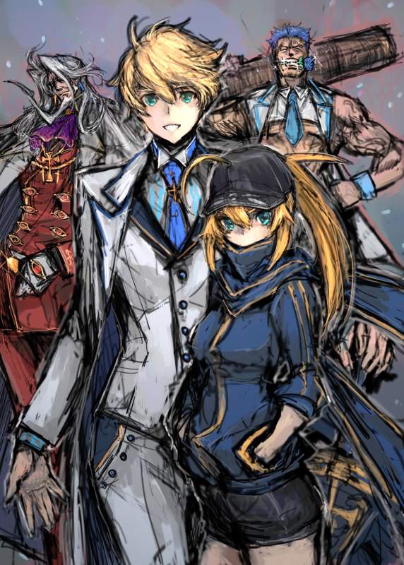 3boys arthur_pendragon_(fate) artoria_pendragon_(all) artoria_pendragon_(lancer) beard blue_eyes blue_flower blue_neckwear blue_rose breasts christopher_columbus_(fate/grand_order) cosplay cravat crop_top facial_hair fate/grand_order fate/prototype fate_(series) fergus_mac_roich_(fate/grand_order) flower formal hair_through_headwear large_breasts long_hair long_ponytail moto_murabito mouth_hold multiple_boys mysterious_heroine_x mysterious_heroine_x_(cosplay) necktie rose shorts sketch smile suit white_rose_(fate/grand_order) white_suit