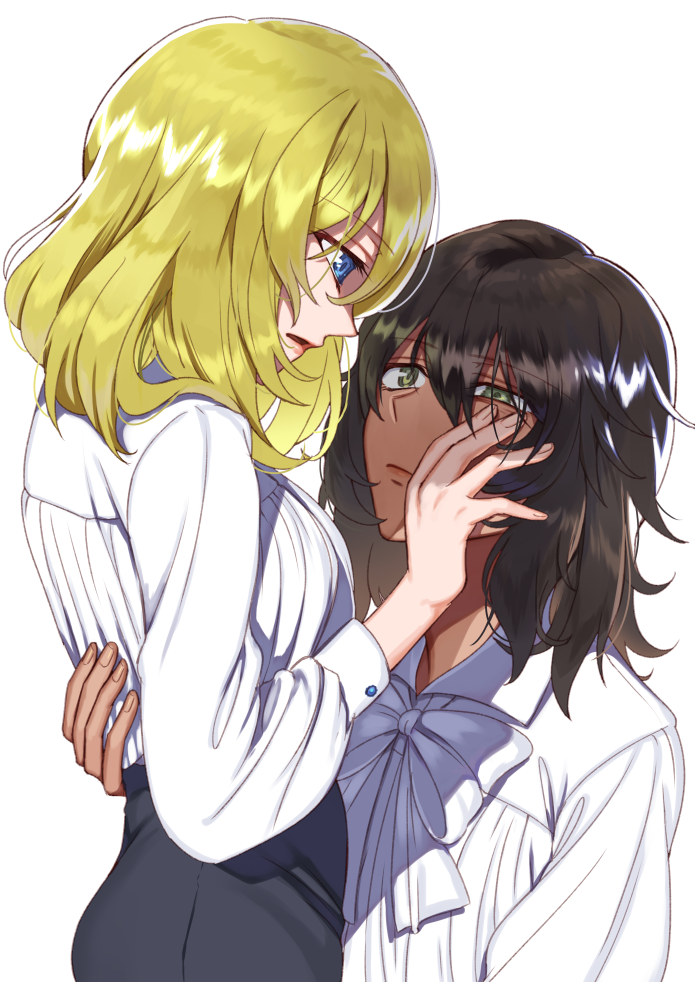 andou_(girls_und_panzer) arm_around_waist bangs black_hair black_pants blonde_hair blue_eyes bow brown_eyes closed_mouth commentary dark_skin dress_shirt eyebrows_visible_through_hair from_side girls_und_panzer hand_on_another's_face looking_at_another medium_hair multiple_girls oshida_(girls_und_panzer) pants shirt shutou_mq simple_background sitting standing upper_body white_background white_bow white_shirt wing_collar yuri