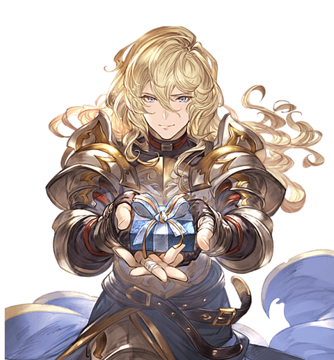 armor belt blonde_hair blue_eyes closed_mouth gift granblue_fantasy incoming_gift long_hair looking_at_viewer male_focus minaba_hideo naoise official_art smile solo transparent_background white_day