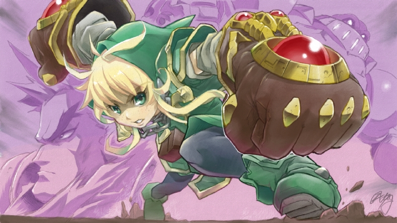 bangs battle_chasers black_legwear blonde_hair boots brown_gloves calibretto clenched_hands freckles garrison_(battle_chasers) gloves green_eyes green_footwear gully_(battle_chasers) hair_between_eyes hanabusa_(xztr3448) hood hood_up legs_apart long_hair pantyhose parted_lips sidelocks signature solo_focus