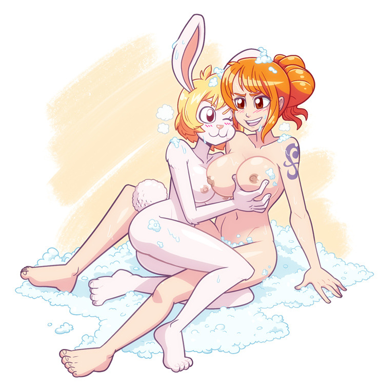 2girls animal_ears areolae bangs bath bathing blonde_hair blush breasts brown_eyes bubble_bath bunny_ears bunny_tail carrot_(one_piece) elbow eyebrows eyelashes female furry itsdatskelebutt knees large_breasts long_hair multiple_girls nami_(one_piece) nipples nude one_piece open_mouth orange_hair short_hair shoulders sitting smile soap tail