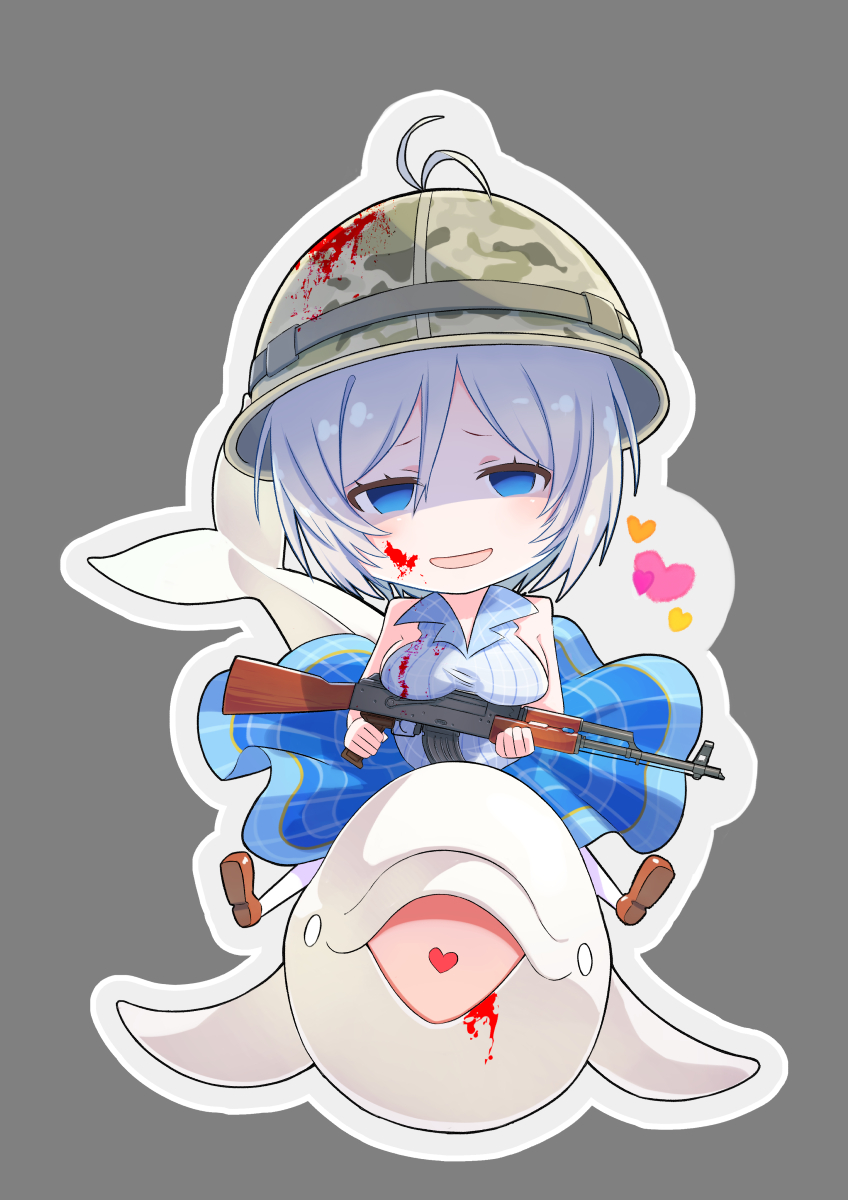 ak-47 assault_rifle blood blood_on_face blue_eyes blush brat breast_rest breasts chibi dennou_shoujo_youtuber_shiro dolphin eyebrows_visible_through_hair gun heart highres holding holding_gun holding_weapon large_breasts looking_at_viewer rifle shiro_(dennou_shoujo_youtuber_shiro) silver_hair smile solo thighhighs virtual_youtuber weapon white_legwear