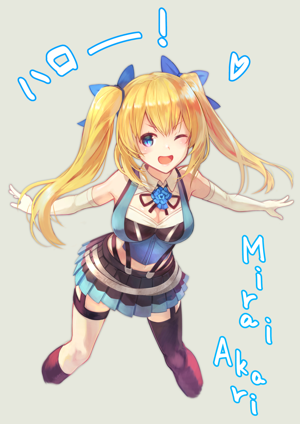 black_legwear blonde_hair blue_bow blue_eyes blush bow brat breasts character_name cleavage elbow_gloves eyebrows_visible_through_hair gloves highres kneehighs large_breasts looking_at_viewer mirai_akari mirai_akari_project one_eye_closed open_mouth smile solo spread_legs thighhighs twintails virtual_youtuber white_gloves
