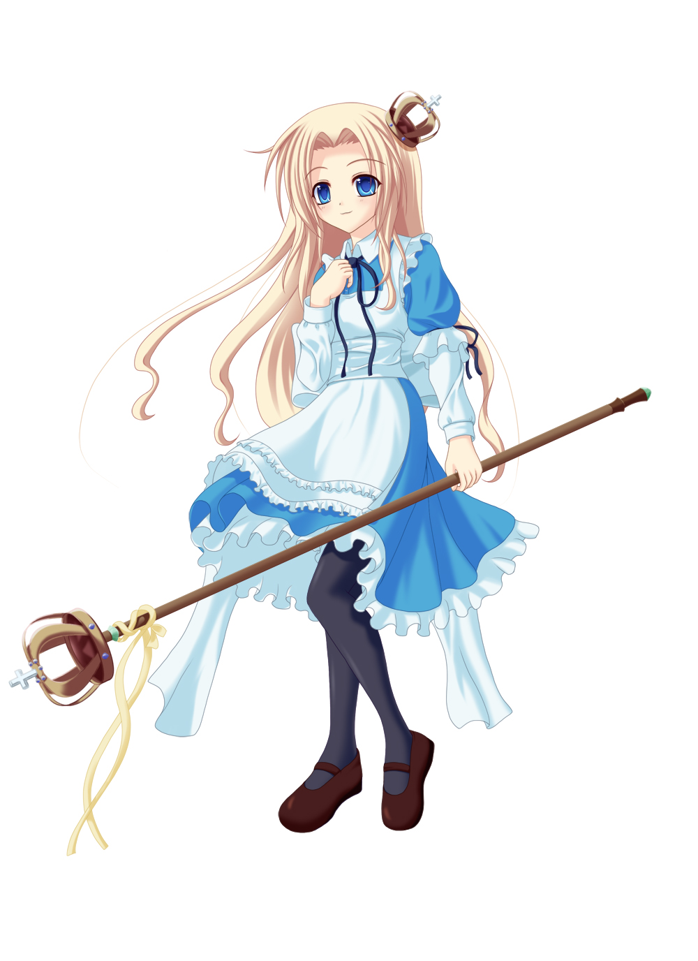 :3 alice_(wonderland) alice_in_wonderland black_legwear blonde_hair blue_eyes blush closed_mouth eyebrows_visible_through_hair full_body highres holding holding_staff long_hair long_sleeves looking_at_viewer pantyhose psyche3313 smile solo staff