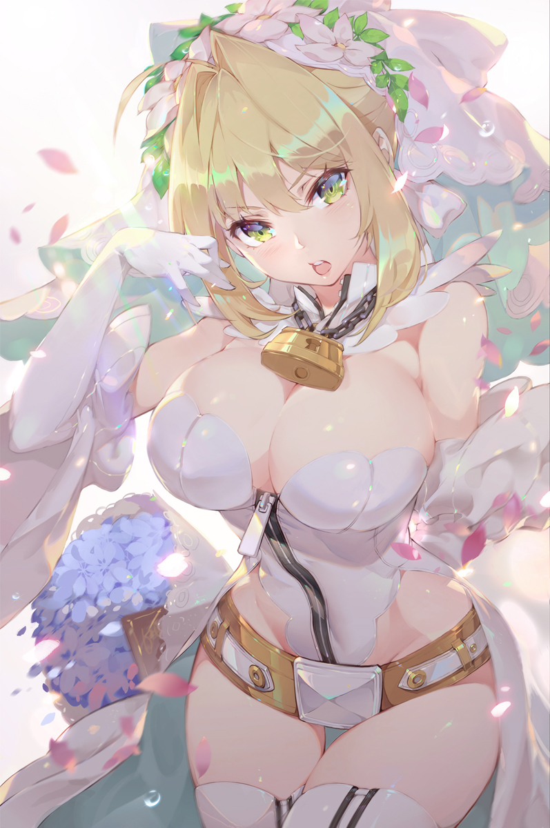 ahoge belt blonde_hair blush bouquet breasts bridal_veil calder chain cleavage detached_sleeves eyebrows_visible_through_hair fate/extra fate/extra_ccc fate/grand_order fate_(series) flower full-length_zipper gloves green_eyes hair_intakes head_wreath highres large_breasts leotard lips lock looking_at_viewer loose_belt nero_claudius_(bride)_(fate) nero_claudius_(fate)_(all) open_mouth padlock petals round_teeth simple_background solo strapless strapless_leotard teeth thigh_gap thighhighs veil white_background white_gloves white_legwear white_leotard white_sleeves zipper zipper_pull_tab