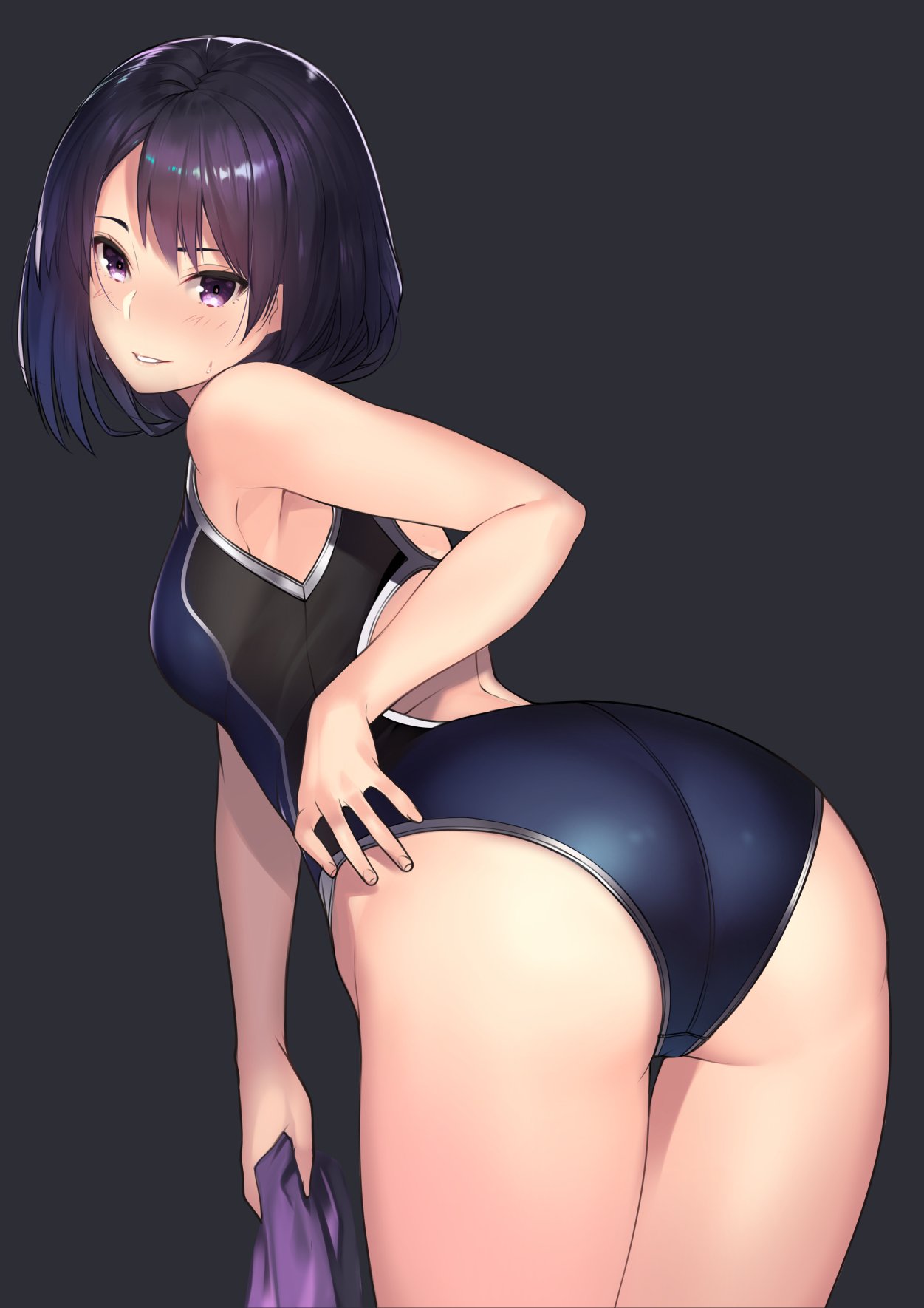 ass black_background black_hair black_swimsuit commentary_request competition_swimsuit cowboy_shot from_behind highres kagematsuri leaning_forward looking_at_viewer looking_back one-piece_swimsuit original parted_lips purple_eyes short_hair simple_background solo standing swimsuit