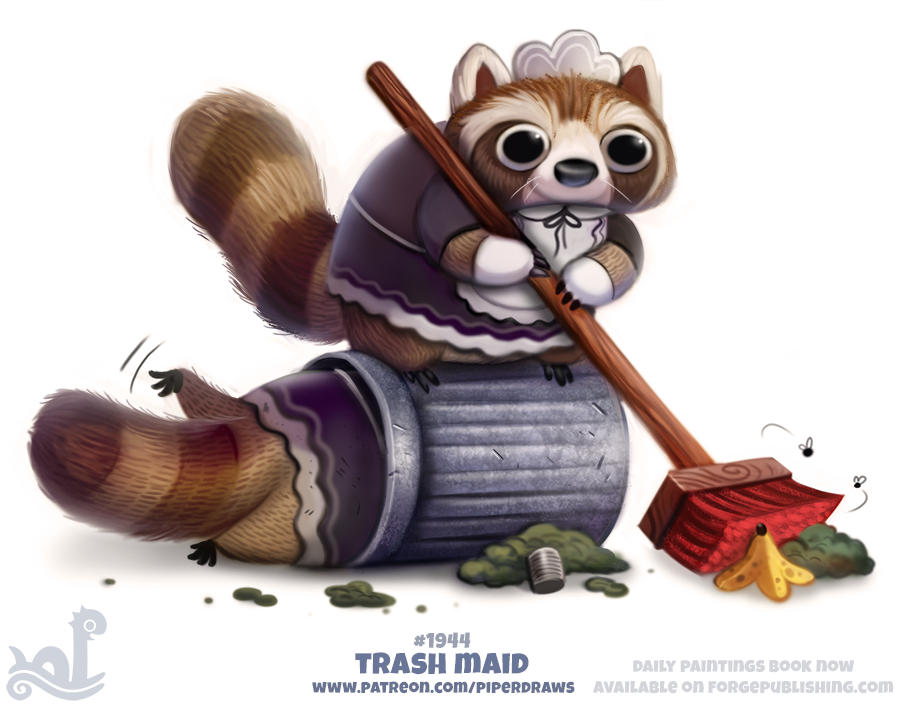 anthro arthropod banana_peel black_eyes bottomless broom brown_fur clothed clothing cryptid-creations duo female fly fur insect maid_uniform mammal procyonid raccoon simple_background tan_fur tin_can trash trash_can uniform white_background white_fur