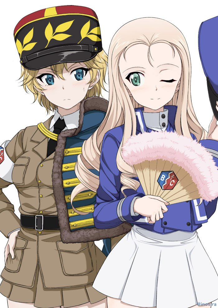 armband asparagus_(girls_und_panzer) bangs bc_freedom_(emblem) bc_freedom_military_uniform belt black_belt black_neckwear blonde_hair blue_eyes blue_hat blue_jacket blue_vest brown_jacket brown_skirt closed_mouth commentary cowboy_shot dress_shirt emblem fan folding_fan forehead frown girls_und_panzer girls_und_panzer_ribbon_no_musha green_eyes hand_on_hip hat hat_removed headwear_removed high_collar holding holding_hat inoshira jacket jacket_on_shoulders kepi long_hair long_sleeves looking_at_another looking_at_viewer marie_(girls_und_panzer) military military_hat military_uniform miniskirt multiple_girls necktie one_eye_closed pleated_skirt shako_cap shirt short_hair simple_background skirt smile standing sweatdrop twitter_username uniform v-shaped_eyebrows vest white_background white_shirt white_skirt wing_collar