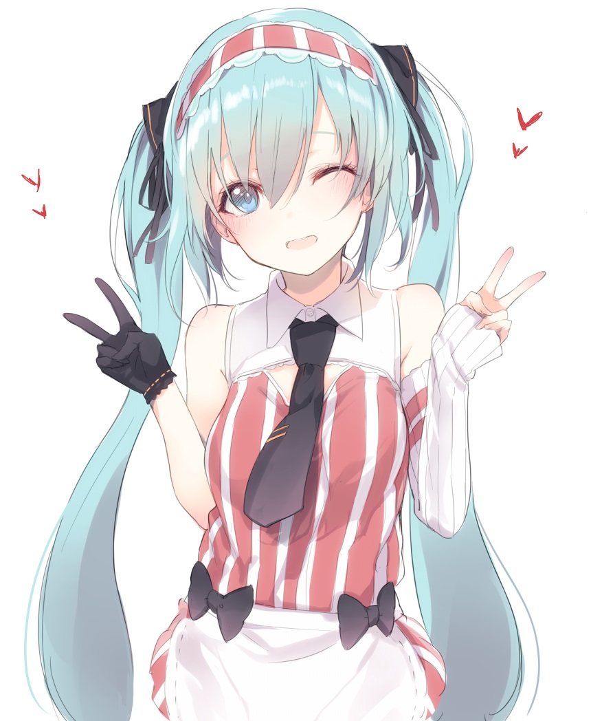 ;d apron bare_shoulders black_bow black_gloves black_neckwear blue_eyes blush bow commentary_request detached_sleeves double_v dress gloves green_hair hair_between_eyes hatsune_miku head_tilt headdress heart kojiki-life long_hair looking_at_viewer one_eye_closed open_mouth single_glove single_sleeve sleeves_past_wrists smile solo striped striped_dress twintails v very_long_hair vocaloid waist_apron waitress white_apron white_background wing_collar