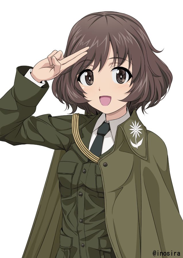 :d akiyama_yukari alternate_costume bangs black_neckwear bonple_military_uniform brown_eyes brown_hair brown_jacket capelet check_commentary commentary_request dress_shirt eyebrows_visible_through_hair fourragere girls_und_panzer girls_und_panzer_ribbon_no_musha inoshira jacket long_sleeves looking_at_viewer messy_hair military military_uniform necktie open_mouth salute shirt short_hair simple_background smile solo standing twitter_username two-finger_salute uniform upper_body white_background white_shirt wing_collar