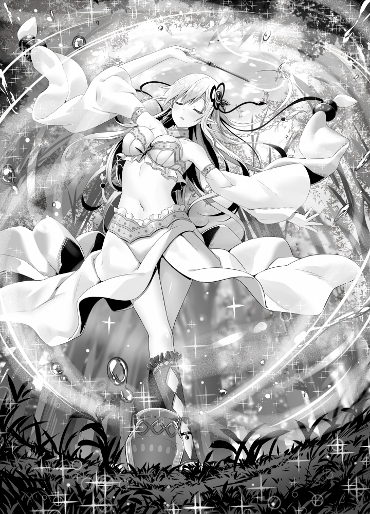 arm_up bare_shoulders braid closed_eyes detached_sleeves elf full_body grass greyscale hair_ornament long_hair magic monochrome monster_factory navel official_art parted_lips pointy_ears pot solo sparkle wand wide_sleeves yano_mitsuki