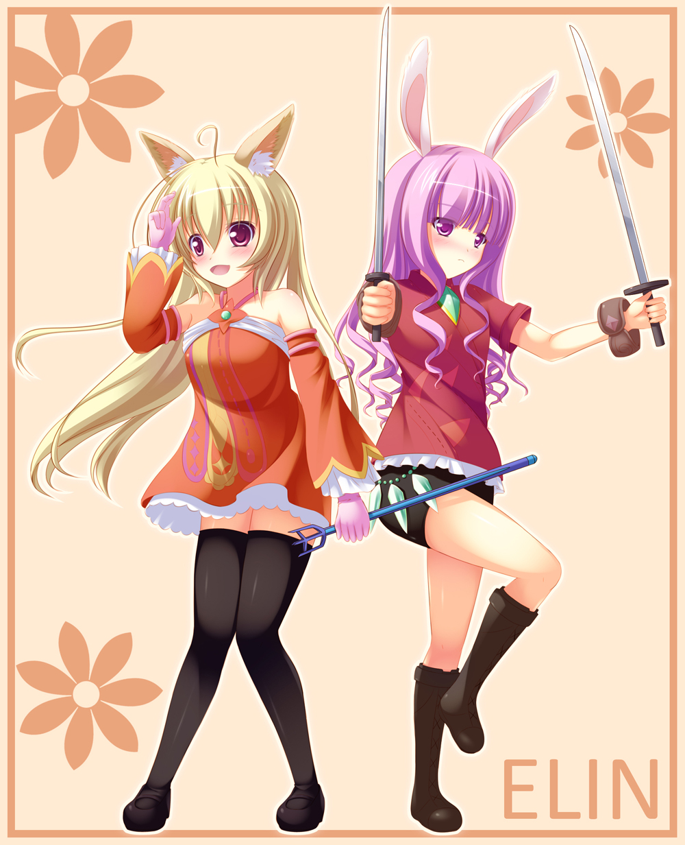 ahoge animal_ears bare_shoulders black_footwear black_legwear blonde_hair blush boots breasts bunny_ears closed_mouth collarbone dog_ears dual_wielding elin_(tera) eyebrows_visible_through_hair highres holding holding_sword holding_weapon knee_boots large_breasts long_hair looking_at_viewer looking_away multiple_girls open_mouth psyche3313 purple_eyes purple_hair red_eyes smile sword tera_online thighhighs weapon