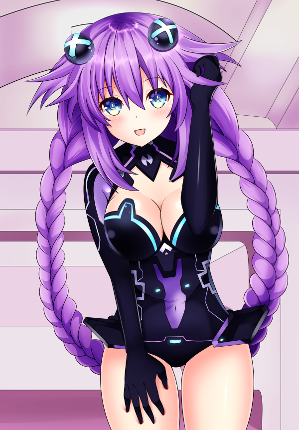 :d blue_eyes blush braid breasts cleavage cleavage_cutout covered_navel cowboy_shot d-pad d-pad_hair_ornament hair_between_eyes hair_ornament indoors leaning_forward leekoe2525 leotard long_hair medium_breasts neptune_(series) open_mouth power_symbol purple_hair purple_heart skin_tight smile solo symbol-shaped_pupils twin_braids twintails very_long_hair