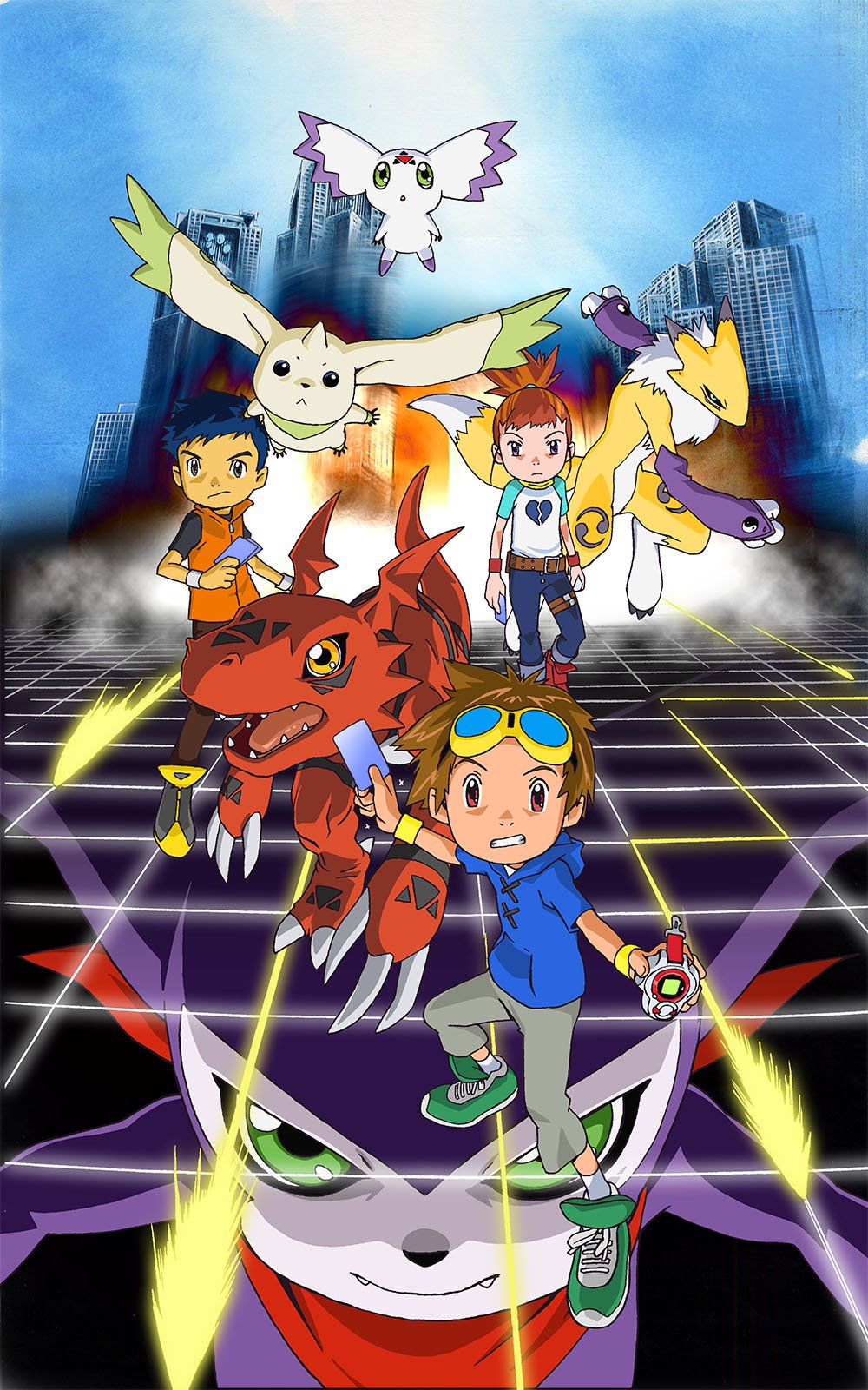 2boys bad_id bad_twitter_id belt black_claws black_eyes black_shirt blue_card blue_hair blue_hoodie blue_pants blue_sky broken_heart_print brown_hair brown_pants building card city claws creature culumon d-ark denim digimon digimon_tamers digivice earrings elbow_gloves fangs fingerless_gloves flying gloves goggles goggles_on_head green_eyes green_footwear grey_eyes grey_footwear grey_pants grid guilmon hair_ornament highres holding holding_card impmon jeans jewelry key_visual li_jianliang makino_ruki matsuda_takato multiple_boys nakatsuru_katsuyoshi official_art open_mouth orange_hair orange_vest pants ponytail print_gloves print_shirt purple_eyes purple_gloves raglan_sleeves red_eyes red_footwear red_scarf red_wristband renamon running scarf shirt shoes sky skyscraper sneakers socks teeth terriermon tongue turtleneck white_fur white_legwear white_shirt white_wristband wristband yellow_eyes yellow_wristband yin_yang_print zero_unit