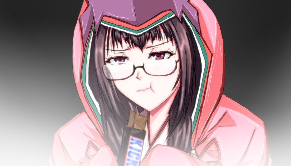 :t black_background black_hair candy_bar commentary_request eating fate/grand_order fate_(series) food glasses graphite_(medium) holding holding_food hood kouchin light long_hair marker_(medium) osakabe-hime_(fate/grand_order) purple_eyes semi-rimless_eyewear snickers solo traditional_media under-rim_eyewear