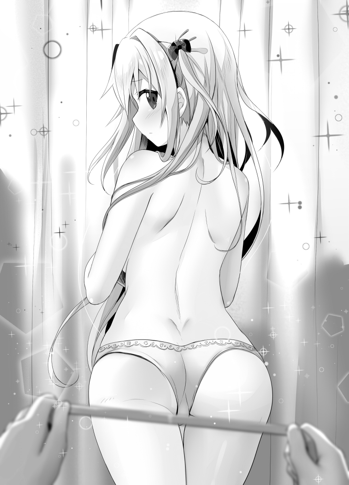 ass back blush cowboy_shot dimples_of_venus from_behind greyscale hair_ornament long_hair looking_at_viewer looking_back monochrome monster_factory official_art panties pov pov_hands profile shoulder_blades solo_focus sparkle tape_measure thigh_gap topless underwear underwear_only yano_mitsuki