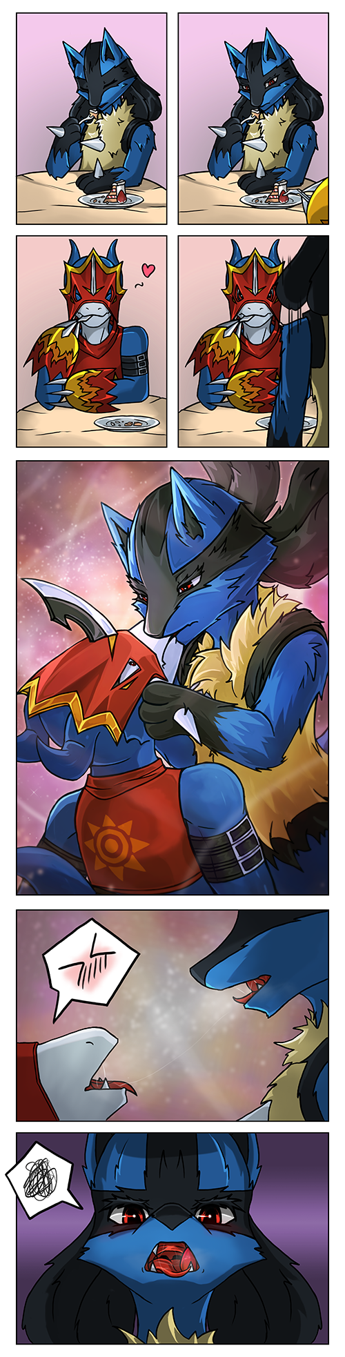 &lt;3 2018 anthro armor black_fur blue_fur blush canine claws clothing comic digimon duo eating eye_contact eyes_closed fangs flamedramon food french_kissing fruit fur helmet kissing looking_at_viewer lucario male male/male mammal nintendo open_mouth pok&eacute;mon pok&eacute;mon_(species) red_eyes saliva saliva_string scalie smile speech_bubble strawberry tan_fur video_games zeitzbach