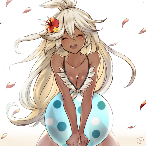:d ^_^ ahoge ball bare_shoulders beachball bikini blush breasts cleavage closed_eyes collarbone dark_skin flower front-tie_bikini front-tie_top granblue_fantasy hagawa_r hair_between_eyes hair_flower hair_ornament hibiscus long_hair lowres medium_breasts open_mouth petals simple_background smile solo swimsuit v_arms very_long_hair white_background white_bikini white_hair zooey_(granblue_fantasy)