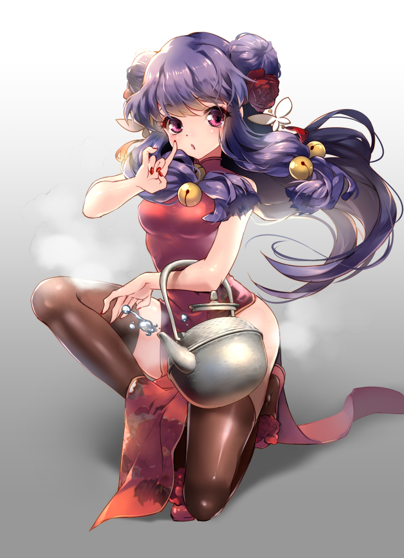 bell breasts brown_legwear china_dress chinese_clothes covered_navel double_bun dress eyebrows_visible_through_hair flower full_body hair_bell hair_flower hair_ornament jingle_bell kettle lilithbloody long_hair medium_breasts nail_polish one_knee pink_eyes purple_hair ranma_1/2 red_dress red_footwear red_nails shampoo_(ranma_1/2) side_slit sidelocks sleeveless sleeveless_dress solo steam thighhighs