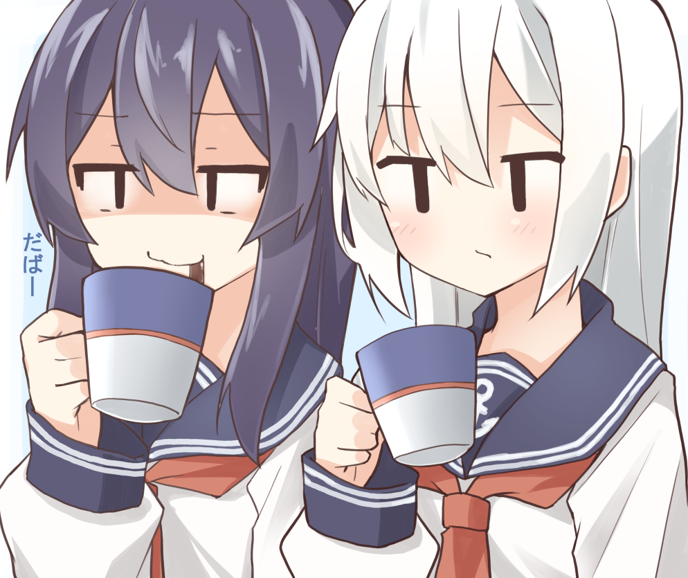 akatsuki_(kantai_collection) anchor_symbol bangs black_hair blue_background blush brown_neckwear closed_mouth cup eyebrows_visible_through_hair hair_between_eyes hibiki_(kantai_collection) holding holding_cup kantai_collection long_hair long_sleeves looking_at_viewer multiple_girls neckerchief no_hat no_headwear rateratte school_uniform serafuku shaded_face shirt sidelocks silver_hair smile steam translated two-tone_background very_long_hair wavy_mouth white_background white_shirt