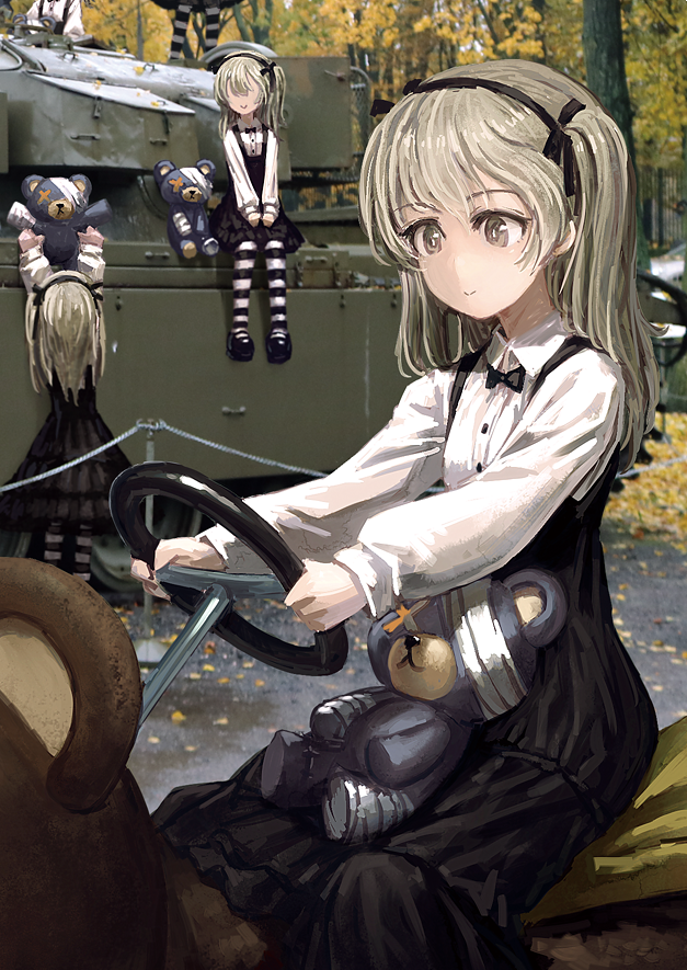 arms_up autumn bangs black_footwear black_legwear black_neckwear black_ribbon black_skirt boko_(girls_und_panzer) bow bowtie casual centurion_(tank) closed_mouth collared_shirt commentary_request faceless faceless_female girls_und_panzer ground_vehicle hair_ribbon hands_on_lap high-waist_skirt holding holding_stuffed_animal kiddie_ride lain layered_skirt light_brown_eyes light_brown_hair long_hair long_sleeves mary_janes military military_vehicle motor_vehicle multiple_girls multiple_persona pantyhose photo_background reaching ribbon riding shimada_arisu shirt shoes side_ponytail sitting skirt smile standing striped striped_legwear stuffed_animal stuffed_toy suspender_skirt suspenders tank teddy_bear tree white_shirt