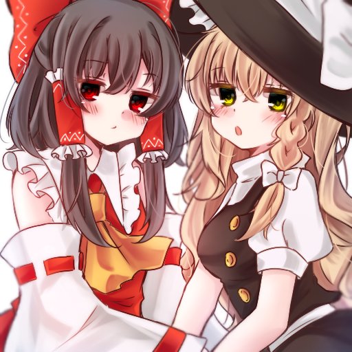 :o annoyed ascot bare_shoulders black_hair blonde_hair blouse blush bow braid breasts buttons commentary green_eyes hair_bow hair_tubes hakurei_reimu hat hat_bow holding_hands jitome kirisame_marisa large_bow long_hair looking_at_viewer medium_breasts multiple_girls puffy_short_sleeves puffy_sleeves red_eyes ribbon-trimmed_sleeves ribbon_trim shimashiro_itsuki short_sleeves side_braid single_braid skirt skirt_set straight_hair touhou wavy_hair witch_hat yellow_neckwear