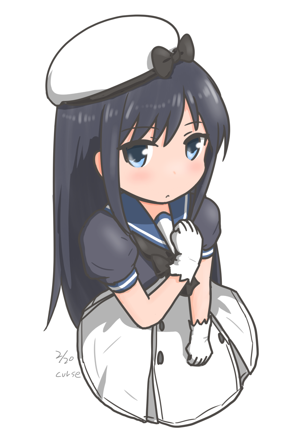 asashio_(kantai_collection) black_hair commentary_request cosplay curse_(023) dress gloves hand_on_own_chest hat highres jervis_(kantai_collection) jervis_(kantai_collection)_(cosplay) kantai_collection long_hair looking_at_viewer sailor_dress sailor_hat white_background
