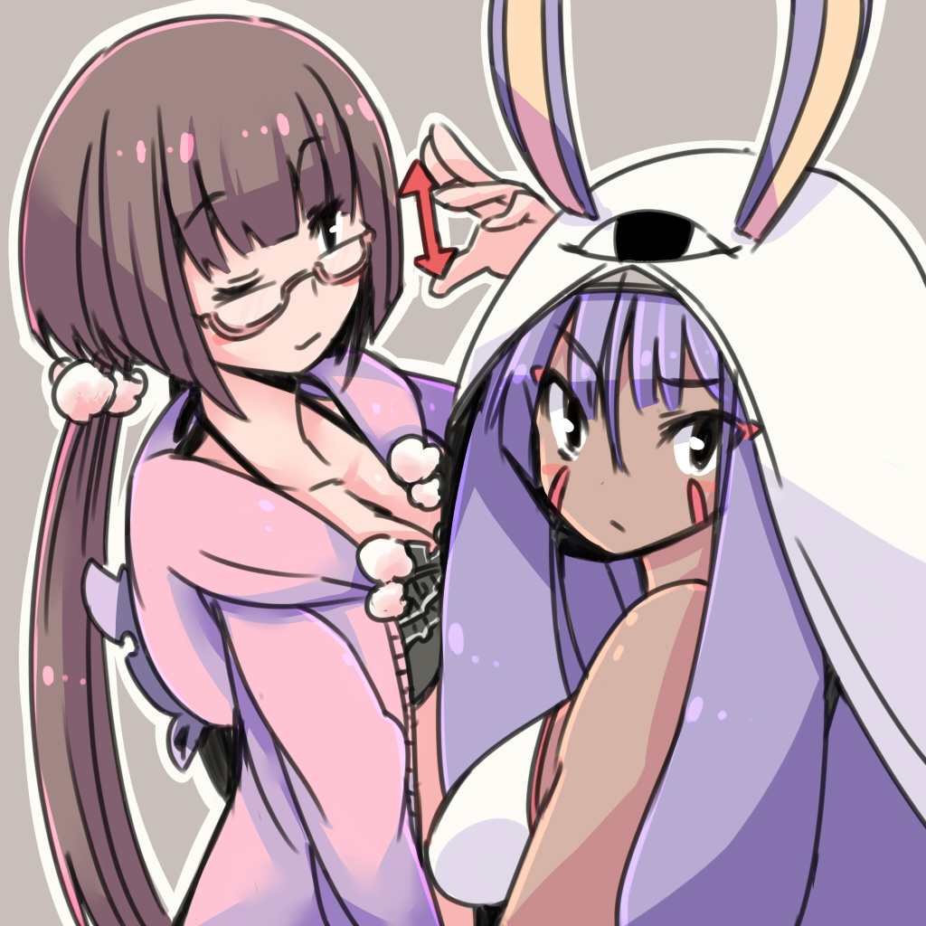 animal_ears bangs bare_shoulders black_eyes blunt_bangs breasts brown_hair cleavage commentary_request dark_skin directional_arrow facial_mark fate/grand_order fate_(series) glasses hair_between_eyes hair_bobbles hair_ornament hood hood_down iguana_henshuu-chou jackal_ears long_hair looking_at_viewer looking_back medium_breasts multiple_girls nitocris_(fate/grand_order) nitocris_(swimsuit_assassin)_(fate) one_eye_closed osakabe-hime_(fate/grand_order) purple_hair semi-rimless_eyewear under-rim_eyewear