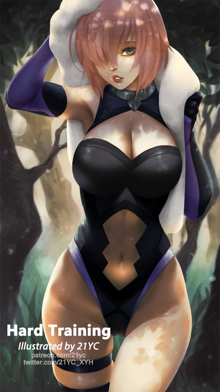 21yc_(september_breeze) breasts cameltoe cleavage commentary elbow_gloves fate/grand_order fate_(series) gloves hair_over_one_eye highleg highleg_leotard highres large_breasts leotard lips looking_at_viewer mash_kyrielight navel navel_cutout nose pink_hair purple_eyes short_hair solo stomach sweat towel