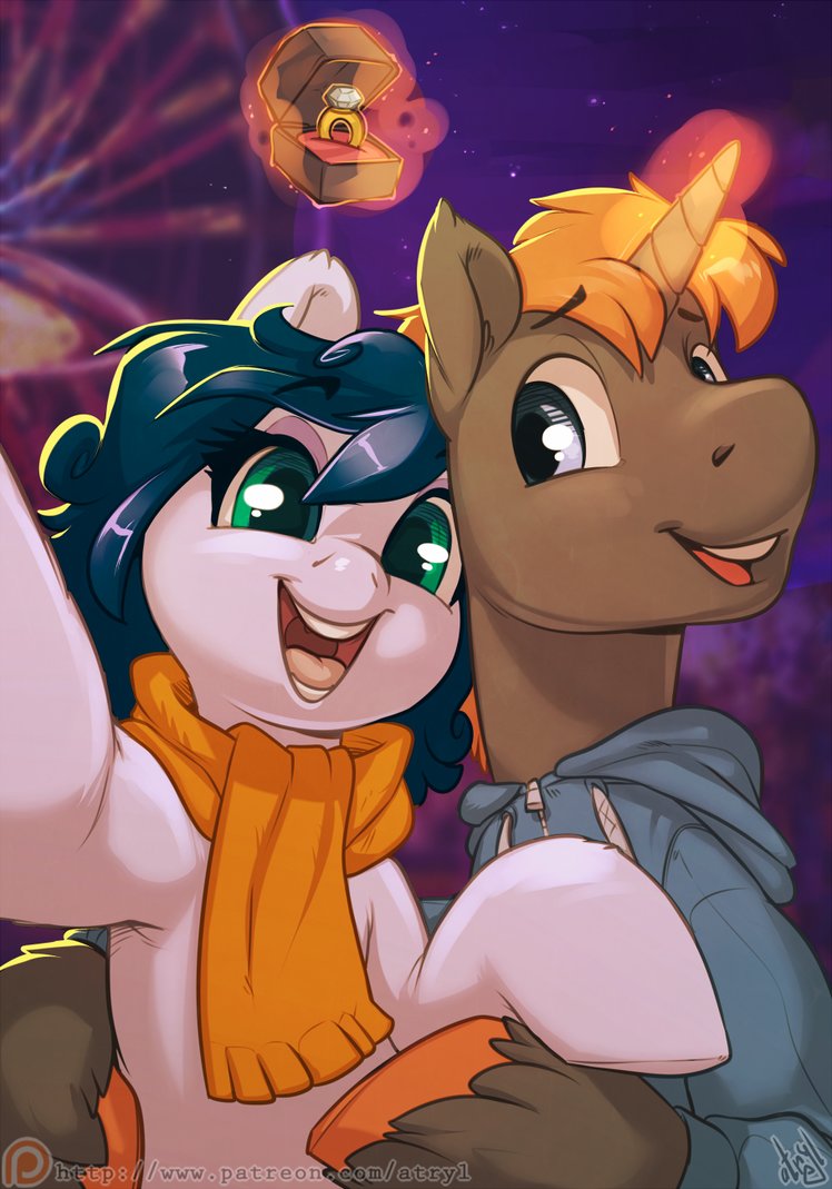 2018 atryl blue_clothing blue_eyes blue_hair brown_fur carnival clothed clothed_feral clothing depth_of_field detailed_background digital_media_(artwork) duo earth_pony engagement_ring equine eyebrows eyebrows_visible_through_hair fan_character female feral ferris_wheel front_view fur glowing glowing_horn green_eyes hair happy hoodie hooves horn horse hug long_hair looking_at_viewer magic male male/female mammal my_little_pony night open_mouth orange_hair orange_hooves outside patreon pink_tongue pony proposal ring scarf selfie signature sky smile star starry_sky teeth tongue unicorn unicorn_horn url white_fur