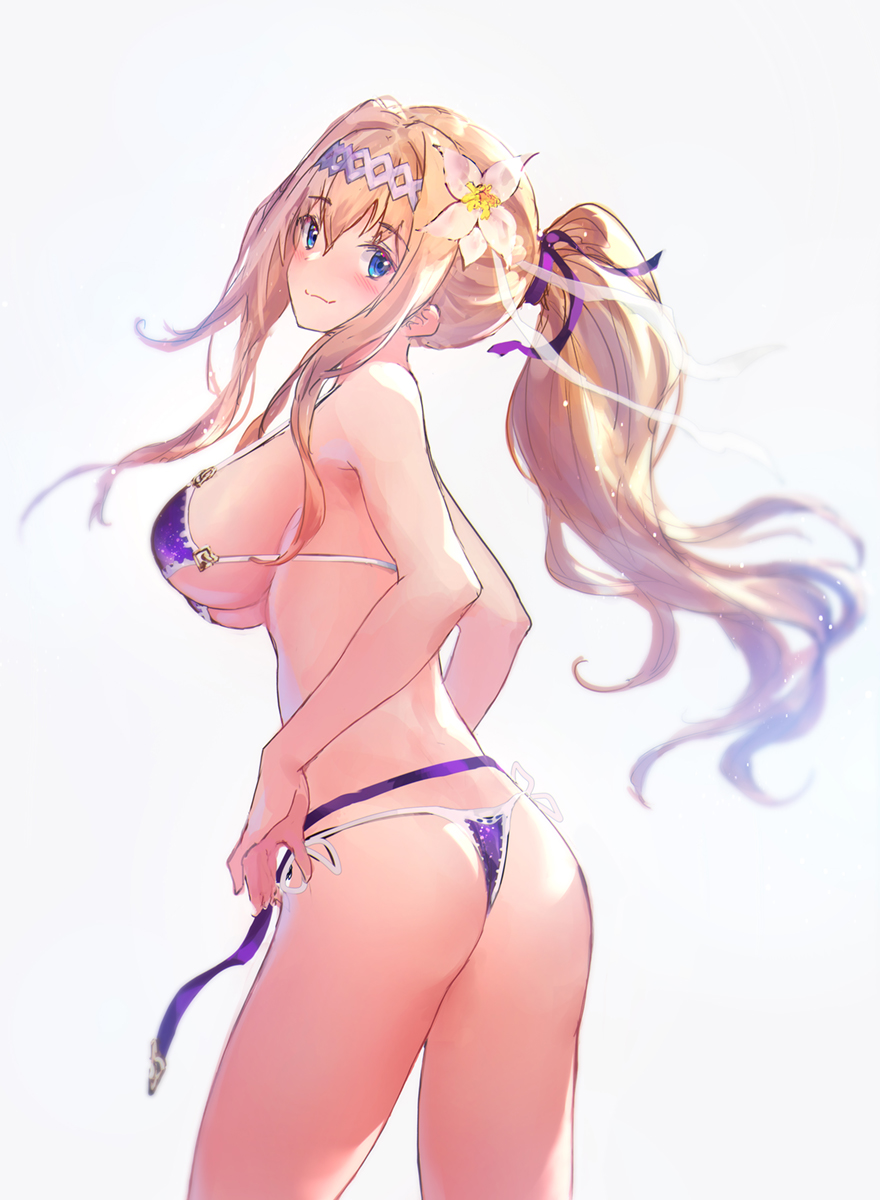 ass bangs bare_shoulders bikini blonde_hair blue_eyes blush breasts commentary_request diadem eyebrows_visible_through_hair flower granblue_fantasy hair_between_eyes hair_flower hair_ornament hair_ribbon head_tilt highres hips jeanne_d'arc_(granblue_fantasy) large_breasts long_hair looking_at_viewer looking_to_the_side ponytail purple_bikini ribbon rorona_s. side-tie_bikini smile solo standing swimsuit thighs