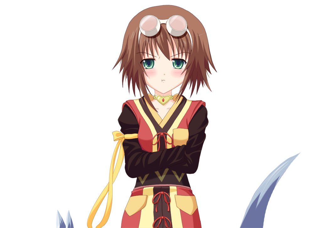 blush brown_hair closed_mouth collarbone crossed_arms eyebrows_visible_through_hair goggles goggles_on_head green_eyes looking_at_viewer pouty_lips psyche3313 repede rita_mordio short_hair solo tales_of_(series) tales_of_vesperia upper_body