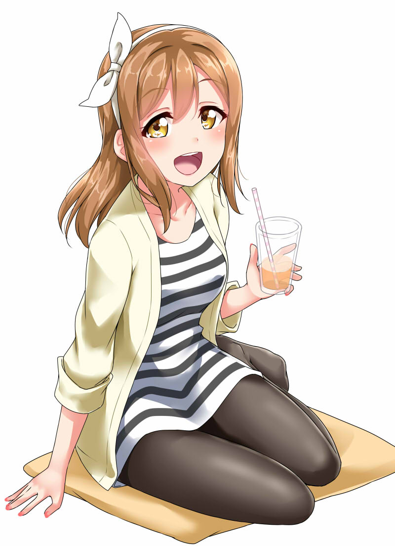 :d black_legwear bow brown_hair cardigan commentary_request cup cushion dress drinking_glass drinking_straw hair_bow hairband holding holding_cup kunikida_hanamaru light_blush long_hair looking_at_viewer love_live! love_live!_sunshine!! nail_polish no_shoes open_mouth pantyhose pink_nails short_dress simple_background sitting sleeves_folded_up smile solo striped striped_dress white_background yellow_cardigan yellow_eyes yokozuwari yopparai_oni