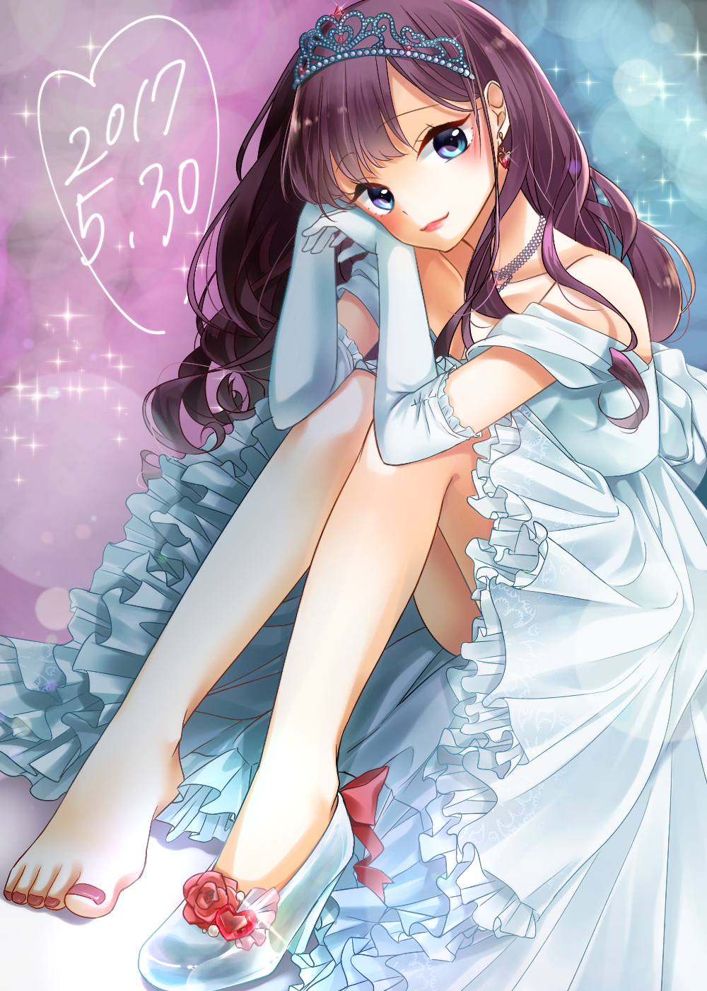 bare_shoulders blue_eyes blush brown_hair commentary_request dated dress earrings elbow_gloves frilled_dress frills glass_slipper gloves head_rest highres ichinose_shiki idolmaster idolmaster_cinderella_girls jewelry long_hair looking_at_viewer nazuna_(nzn212) necklace off_shoulder shoes single_shoe sitting solo sparkle thighs tiara toenail_polish wavy_hair white_dress white_gloves