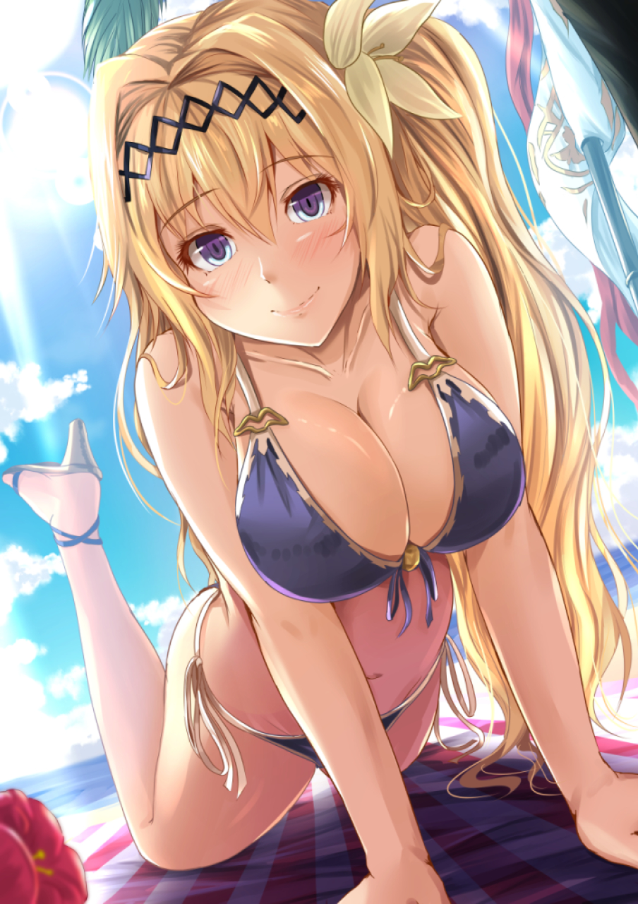 arm_support bangs banner bare_arms bare_shoulders beach beach_towel bikini blonde_hair blue_eyes blue_sky blush breasts cleavage closed_mouth cloud collarbone commentary_request day eyebrows_visible_through_hair flower foreshortening front-tie_bikini front-tie_top granblue_fantasy hair_between_eyes hair_flower hair_ornament high_heels highres horizon jeanne_d'arc_(granblue_fantasy) kanzaki_kureha large_breasts legs_up light_rays long_hair looking_at_viewer navel ocean outdoors palm_tree purple_ribbon ribbon sidelocks sky smile solo sunbeam sunlight swimsuit tareme towel tree very_long_hair white_ribbon yellow_flower