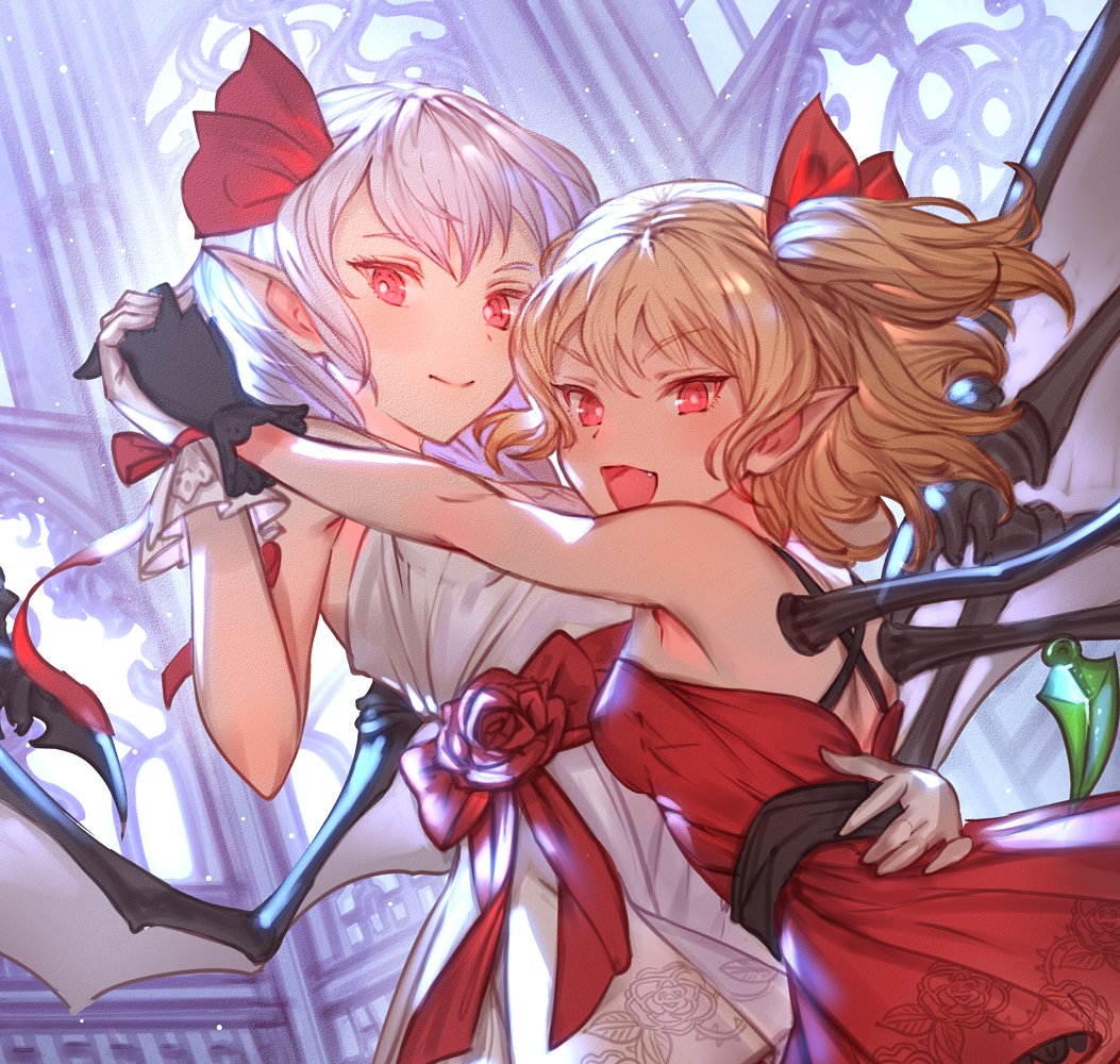 :d black_gloves blonde_hair bright_pupils closed_mouth commentary_request cropped dress fang flandre_scarlet from_side gloves holding_hands interlocked_fingers lavender_hair looking_at_viewer makai_no_juumin multiple_girls one_side_up open_mouth pointy_ears red_dress red_eyes remilia_scarlet short_hair smile touhou v-shaped_eyebrows white_dress white_gloves wings
