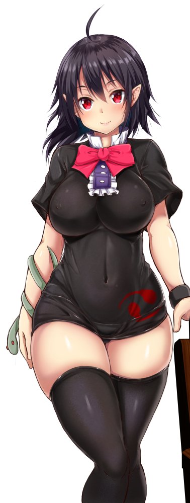 black_dress black_hair black_legwear bow bowtie breasts covered_navel covered_nipples curvy dress ebi_193 houjuu_nue large_breasts light_smile looking_at_viewer pointy_ears red_eyes red_neckwear short_dress short_sleeves simple_background snake solo standing thick_thighs thighhighs thighs touhou white_background