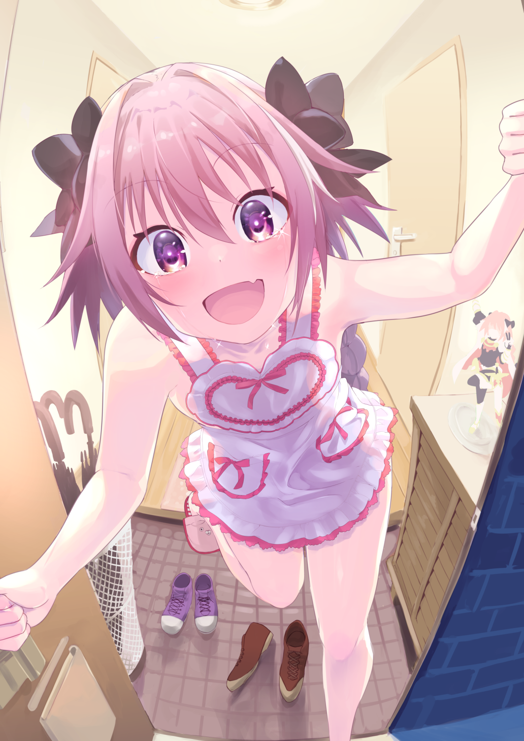 :d alternate_costume apron astolfo_(fate) bare_arms bare_legs bare_shoulders black_bow blush bow braid bright_pupils brown_footwear closed_umbrella collarbone crying crying_with_eyes_open door doorway eyebrows_visible_through_hair fang fate/apocrypha fate_(series) figure fisheye frilled_apron frills hair_bow happy_tears heart highres indoors leg_up long_hair looking_at_viewer male_focus multicolored_hair naked_apron open_mouth otoko_no_ko p_answer pink_footwear pink_hair pov_doorway purple_eyes purple_footwear shelf shiny shiny_hair shoes single_braid slippers smile solo standing standing_on_one_leg streaked_hair tareme tears umbrella umbrella_stand very_long_hair white_apron white_hair