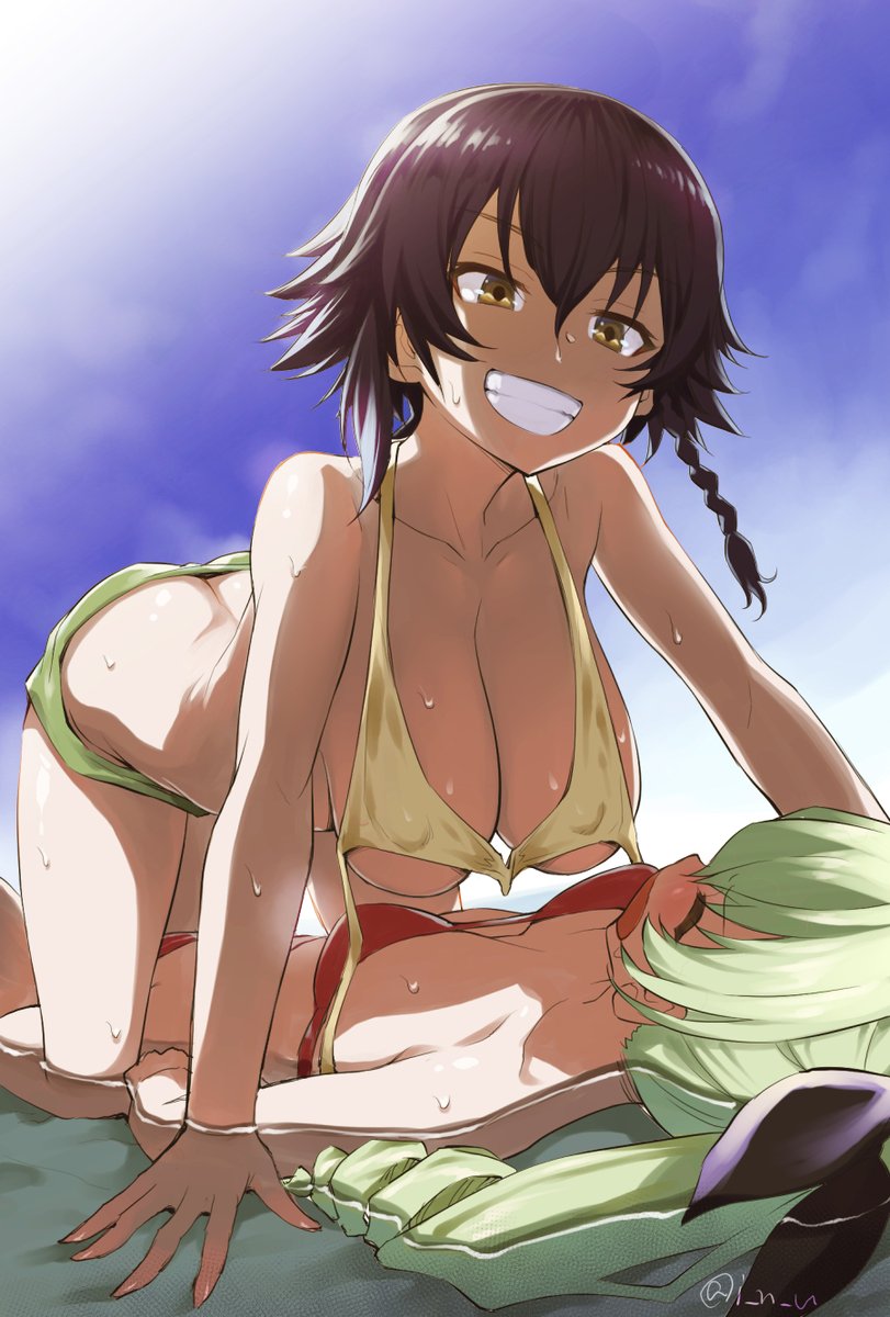 all_fours anchovy artist_name bikini bikini_top black_hair blue_sky braid breasts brown_eyes butt_crack cleavage closed_eyes cloud cloudy_sky covered_nipples day drill_hair girls_und_panzer green_hair grin hanging_breasts highres inu_(aerodog) large_breasts long_hair multiple_girls outdoors partially_submerged pepperoni_(girls_und_panzer) perky_breasts red_bikini short_hair short_shorts shorts side_braid sky small_breasts smile swimsuit twitter_username untied untied_bikini wet wet_hair yuri