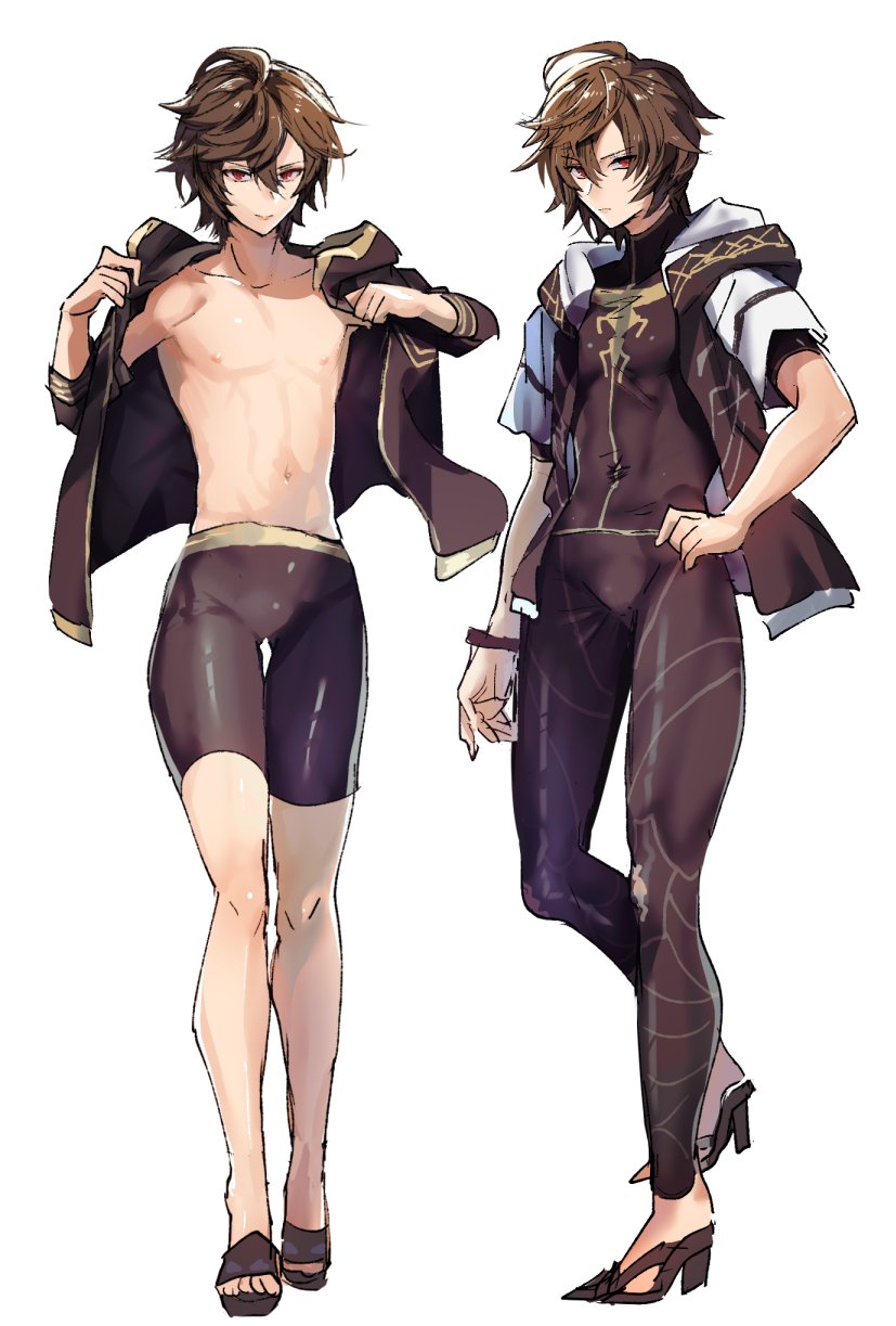 ahoge bodysuit brown_hair bulge full_body granblue_fantasy high_heels highres hood hood_down hooded_jacket hoodie jacket makita_(homosapiensu) male_focus male_swimwear open_clothes open_jacket red_eyes sandalphon_(granblue_fantasy) shirtless short_hair skin_tight solo swim_trunks swimwear wetsuit