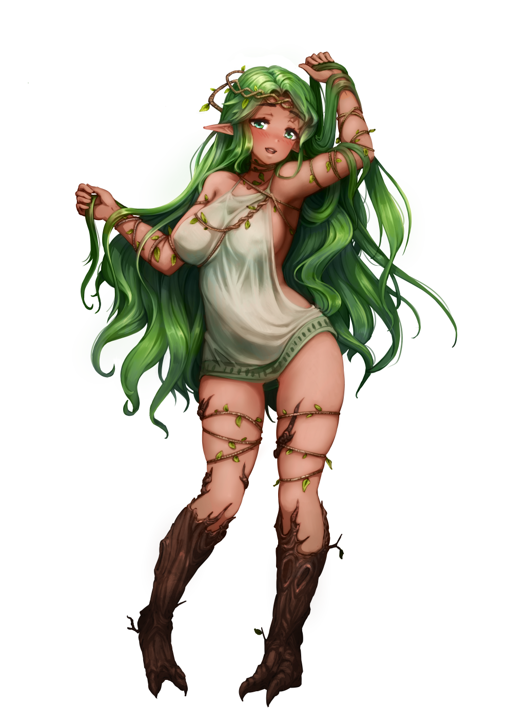 :d arm_up armpits ass_visible_through_thighs backless_dress backless_outfit barbariank bare_shoulders blush breasts commentary covered_nipples dark_skin dress dryad dryad_(monster_girl_encyclopedia) full_body green_eyes green_hair halterneck hands_in_hair highres large_breasts long_hair looking_at_viewer monster_girl monster_girl_encyclopedia open_mouth plant plant_girl pointy_ears revision short_dress sideboob sleeveless smile solo standing transparent_background tree_bark very_long_hair vines wavy_hair white_dress