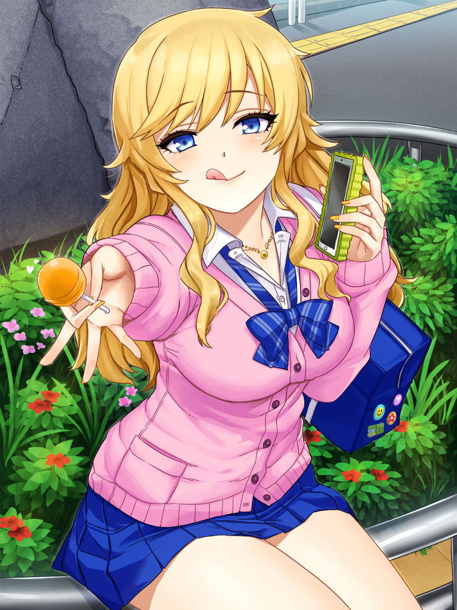 angelo_(gomahangetsu) bag bangs blonde_hair blue_eyes blue_neckwear blue_skirt blush bow bowtie breasts candy cellphone commentary_request eyebrows_visible_through_hair eyelashes flower food highres idolmaster idolmaster_cinderella_girls idolmaster_cinderella_girls_starlight_stage jewelry large_breasts licking_lips lollipop long_hair looking_at_viewer nail_polish necklace ootsuki_yui outdoors phone pink_sweater pleated_skirt school_bag school_uniform sidelocks sitting skirt smartphone smartphone_case smile solo sweater thighs tongue tongue_out wavy_hair yellow_nails
