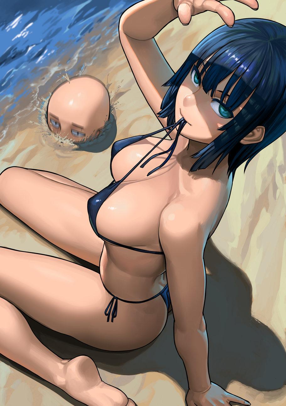 1girl arm_support ass bald bangs bare_arms bare_legs bare_shoulders barefoot bikini black_bikini black_ribbon blue_bikini blue_eyes blue_hair blunt_bangs breasts cleavage collarbone covering_face feet from_above fubuki_(one-punch_man) highres large_breasts lasterk looking_at_viewer looking_up mouth_hold ocean on_ground one-punch_man ribbon saitama_(one-punch_man) sand shadow shiny shiny_hair shore short_hair side-tie_bikini sideboob sitting soles solo_focus string_bikini submerged sunlight swimsuit thighs tsurime untied untied_bikini wariza water