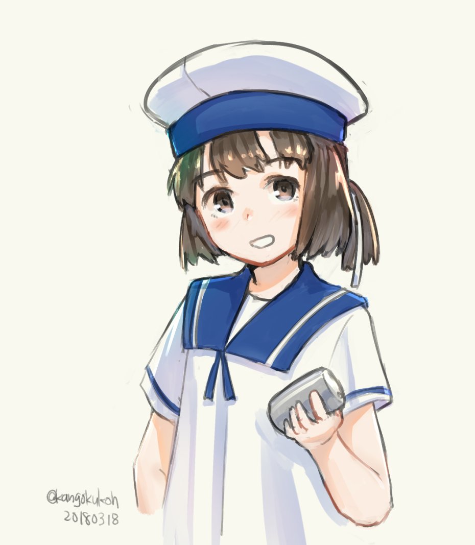 black_hair blue_sailor_collar blurry brown_eyes daitou_(kantai_collection) dated depth_charge depth_of_field dress grin hat kangoku_kou kantai_collection looking_at_viewer sailor_collar sailor_dress sailor_hat short_hair short_sleeves simple_background smile solo twitter_username upper_body white_background white_hat