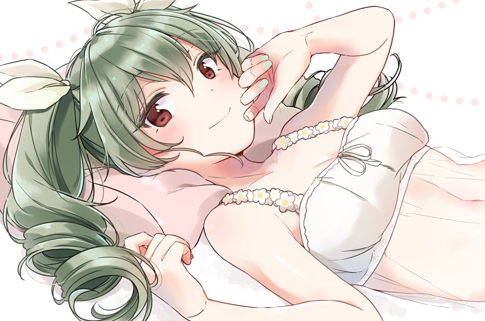 anchovy arm_up bangs breasts casual cleavage closed_mouth dress drill_hair eyebrows_visible_through_hair girls_und_panzer green_hair hair_ribbon hand_on_own_face long_hair looking_at_viewer lying medium_breasts on_back pillow red_eyes ribbon see-through sheer_clothes smile solo tam_a_mat twin_drills twintails upper_body white_dress white_ribbon
